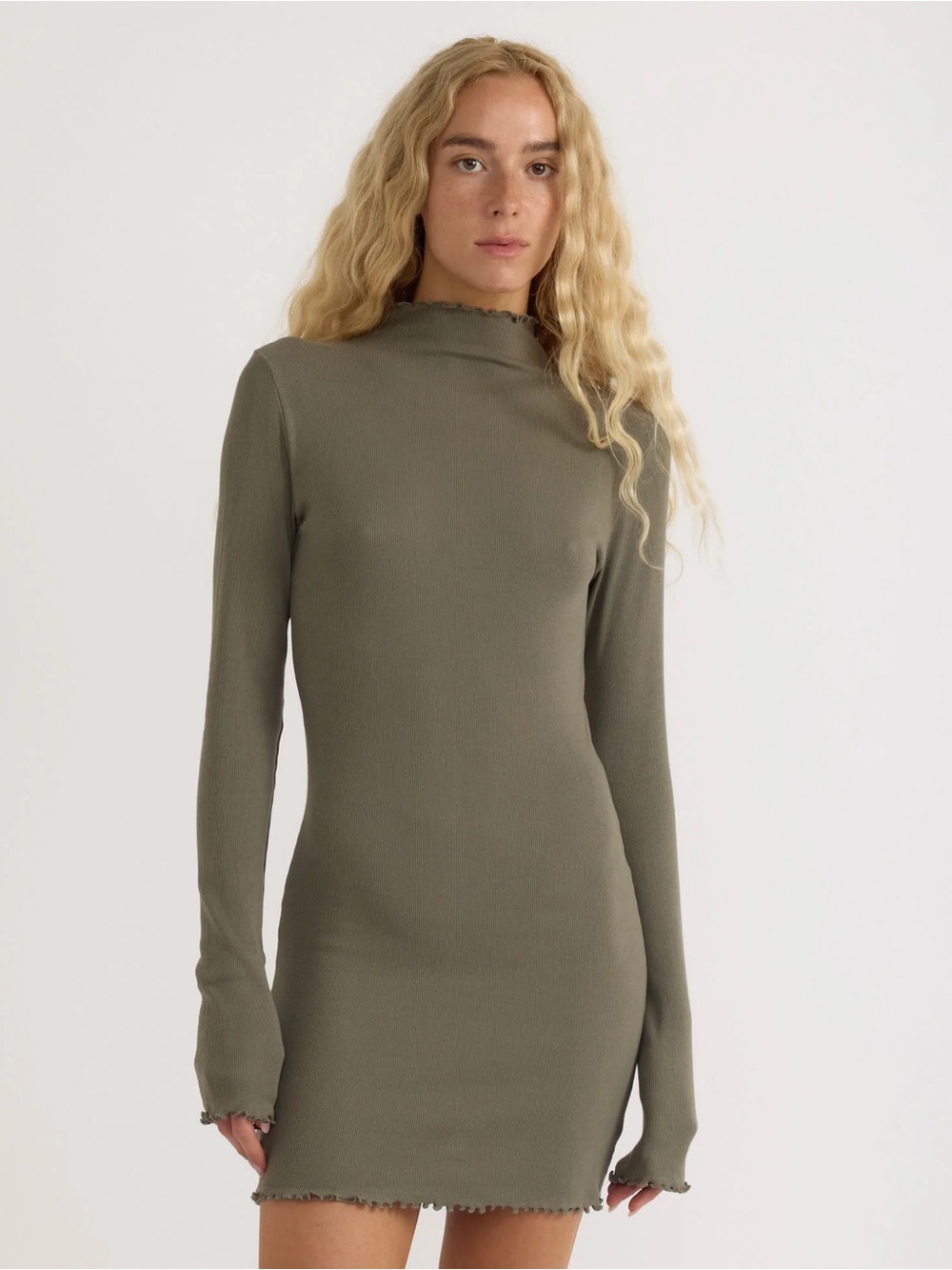 Organic Basics Olive Ribbed Long-Sleeve Mini Dress